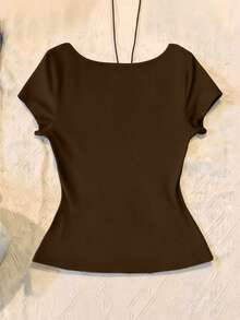 IslaSuriya Plus Size Women's Solid Color Sweetheart Neck Front Knot Casual T-Shirt - Coffee Brown - View 2