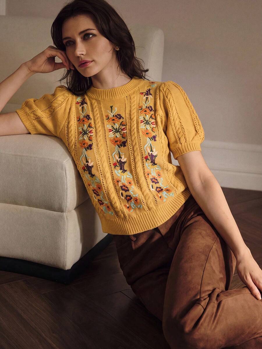 MOTF PREMIUM EMBROIDERED PETAL SLEEVE KNIT TOP - Mustard Yellow - View 2