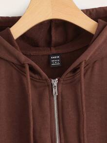 SHEIN EZwear 拉鍊前口袋設計抽繩連帽衛衣 咖啡棕色 夏季休閒日常旅行健身 - 棕色 - 查看 4