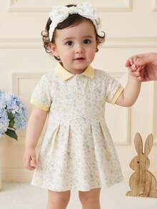 SHEIN 女婴清新碎花Polo衫连衣裙，罗纹黄色领短袖女童休闲A字裙 - 黃色 - 查看 2