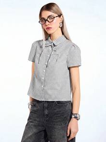 COUREZ Front Tie Short Sleeve Check Shirt , Y2K For Women Autumn Shirt Button Up Rave Club Fall Top Cute Top - Multicolor - View 6
