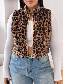 SHEIN EZwear 大码女式简约日常无袖豹纹背心夹克，冬季 - 彩色 - 查看 3