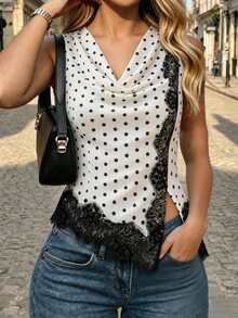 SHEIN Women's Polka Dot Cowl Neck Patchwork Lace French Elegant Sleeveless Top - Black and White - View 1