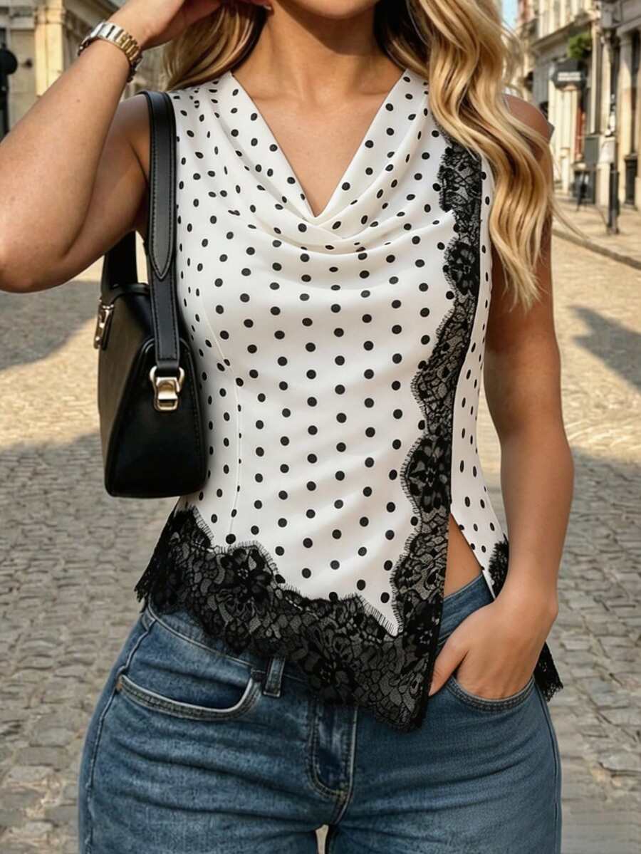 SHEIN Women's Polka Dot Cowl Neck Patchwork Lace French Elegant Sleeveless Top - Black and White - View 1