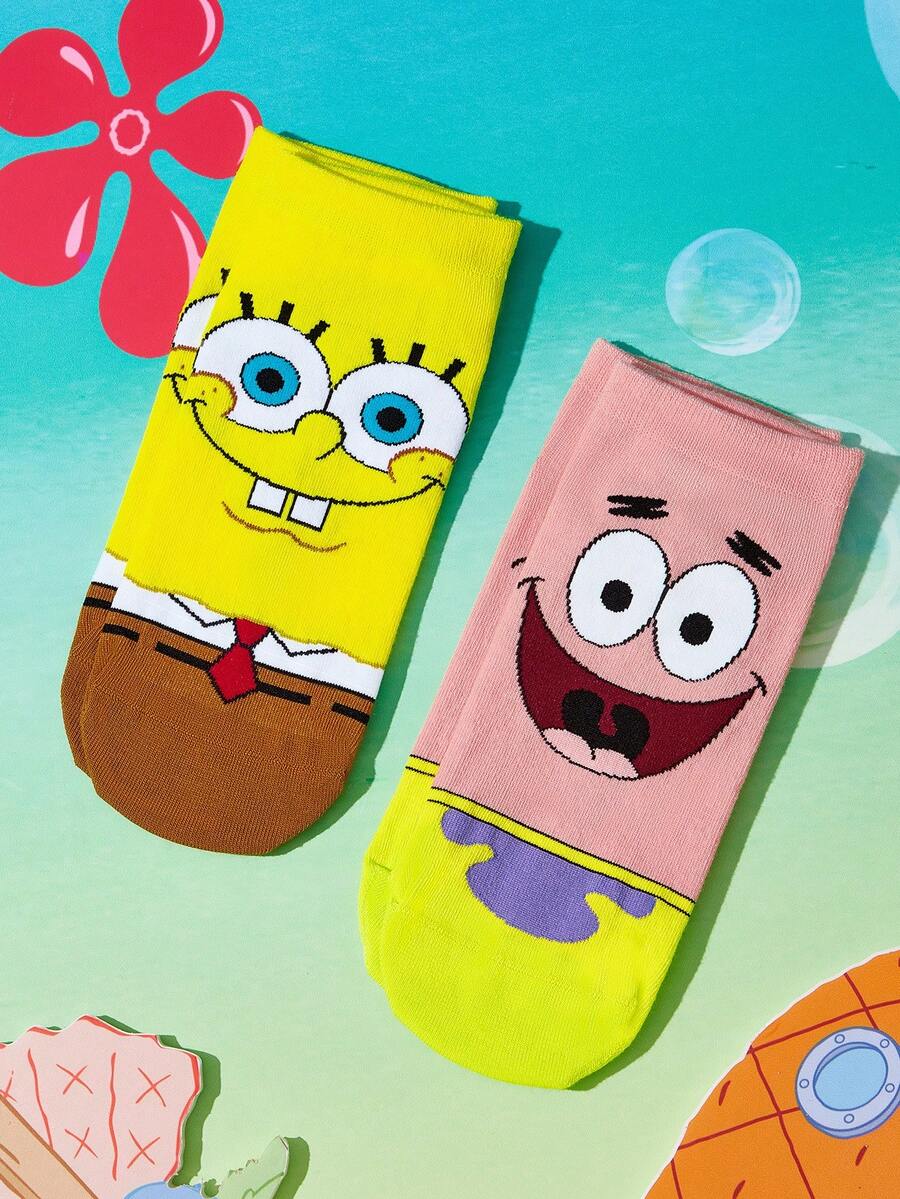 SpongeBob SquarePants | SHEIN 2 Pairs, Comfortable And Cute Cartoon Pattern Socks - color mixing - View 1