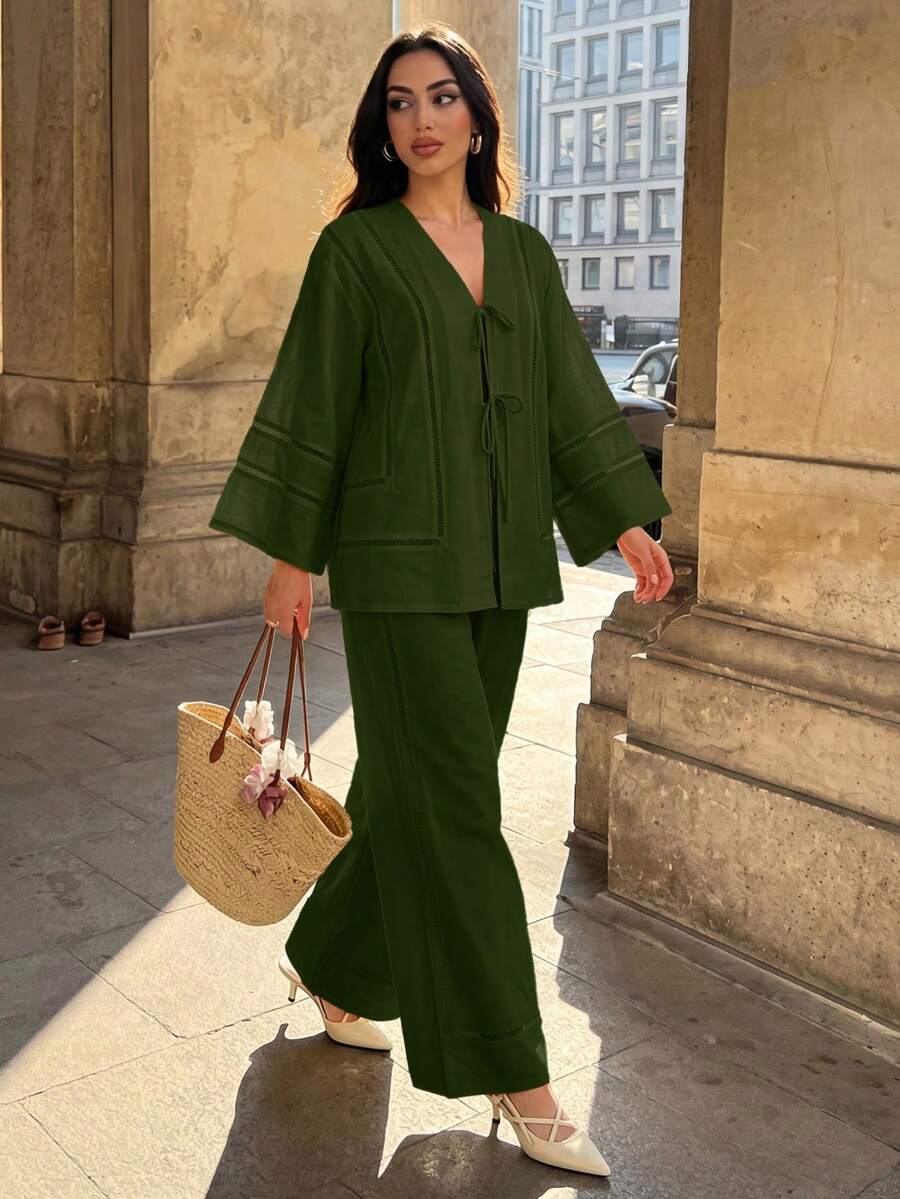 Elenzga 女款純色長袖上衣與長褲休閒優雅日常兩件套 橄欖綠 秋季早午餐穿搭 - 橄欖綠 - 查看 1