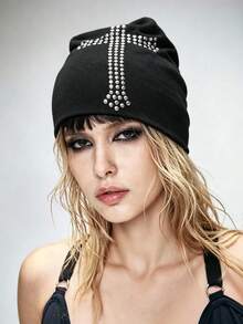 ROMWE Goth 1 Piece Punk Style Rivet Cross Cold Hat, Y2K High Quality Retro Black Hat - Black - View 3