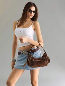 Viva Strut Ladies Fashionable Street Personalized Sweet Cool Spice Y2K Vintage Rivet Suede Shoulder Bag, Daily Shopping Commuter School Dating - Dark coffee - View 9