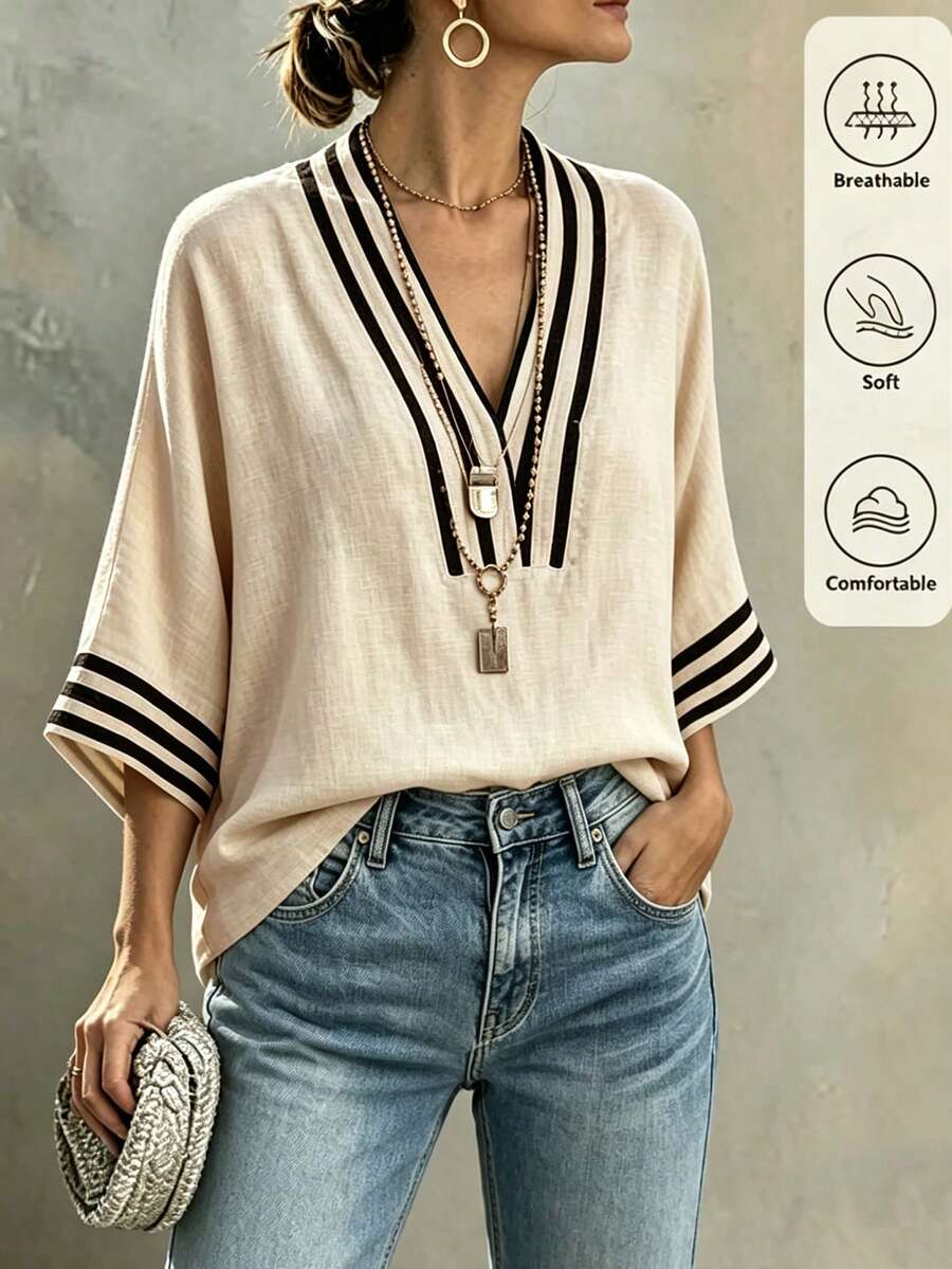 SHEIN Holidaya 新款优雅度假风女士亚麻质感竹纤维领衬衫,蓝杏色印花短袖,适合日常穿着、婚礼、庆典、通勤、毕业派对、节日、约会、聚会、感恩节等各种场合。 - 杏色 - 查看 1