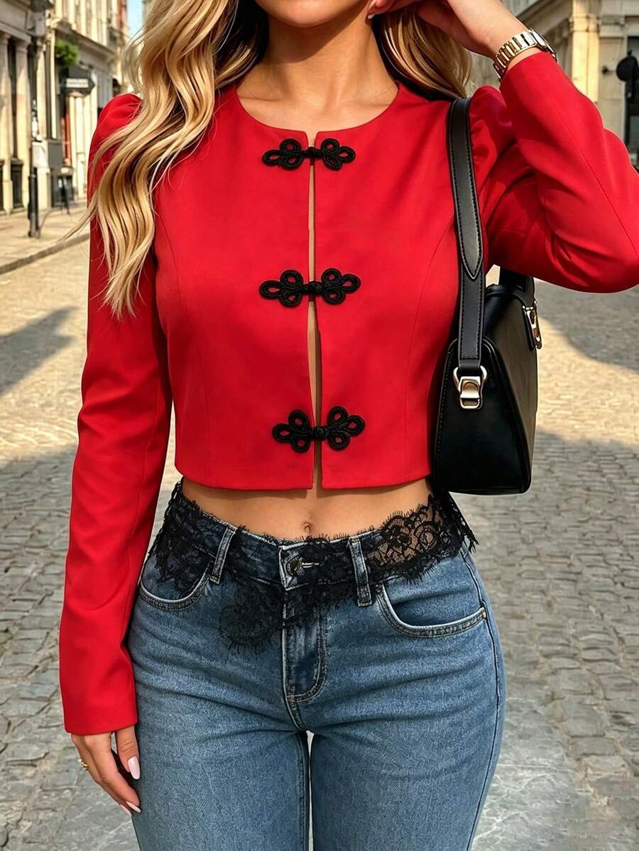 SHEIN PariChic 泡泡袖青蛙扣中式短版優雅女式襯衫 - 紅色 - 查看 1
