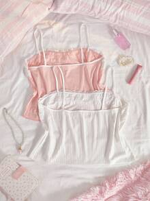 Slumberry CURVE Plus Size Women Sweet Lace Camisole Nightwear Top 2pcs/Set Light Pink White Summer Night - Multicolor - View 2
