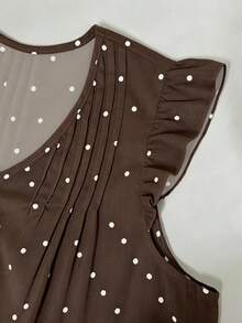 SHEIN Franclia V領百褶蕾絲拼接棕色與白色波點荷葉袖無袖女款夏季上衣，適合度假與日常穿著的優雅上衣 - 棕色 - 查看 3
