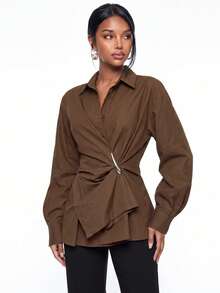 Avantive Women's Solid Color Metal Decor Casual Versatile Daily Wear Top - Brown - View 4