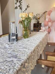 1PC Elegant White Lace Polyester Tablecloth, Floral Pattern Woven, Round/Rectangle For Wedding, Birthday, Thanksgiving, 4th July, New Year, Home, Party - Beige - View 4
