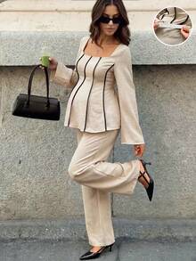 MaterniWear Setelan Kasual Sehari-hari untuk Ibu Hamil: Atasan Lengan Panjang Colorblock dan Celana Panjang dengan Pinggang yang Dapat Diatur, Cocok untuk Musim Gugur. - Khaki - View 4