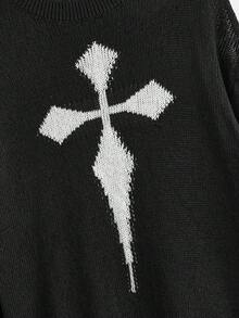 ROMWE Goth 十字架圖案落肩袖破洞毛衣 - 黑色 - 查看 6