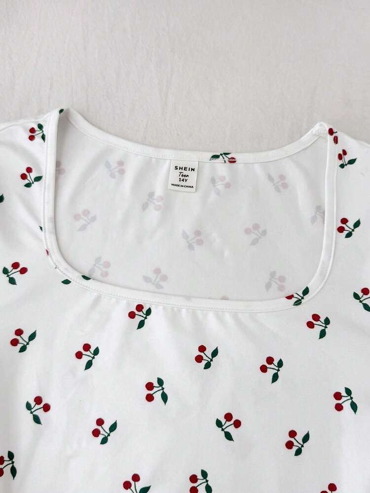 SHEIN Teen Girl Teen Girls White Knitted Cherry Print Fashion Versatile Slim Fit Square Neck Long Sleeve T-Shirt, Spring/Autumn - White - View 6