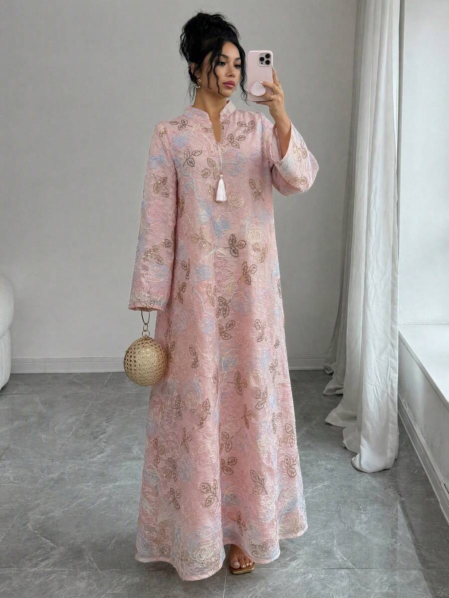 Al Najma Women's Summer Long Gold Craft Mesh Fabric Tassel Robe - Pink - View 1