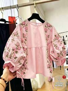 SHEIN Franclia 女款甜美風粉色圓領泡泡袖上衣，花卉印花寬鬆抽繩短版上衣 - 粉色 - 查看 1