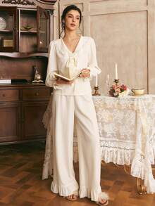 Côtesoire Women's Romantic Minimalist Lace Patchwork Long Sleeve Pants Pajama Set - Apricot - View 3