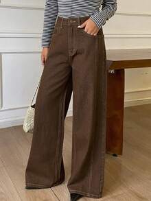 DAZY 女款水鑽裝飾寬鬆直筒長褲 街頭休閒風 棕色牛仔長褲 - 棕色 - 查看 6