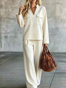 SHEIN New Women's Office Casual 2 Pieces Set With Stand Collar, Double Pockets, Dropped Shoulder Top And Straight Leg Pants - White - View 4