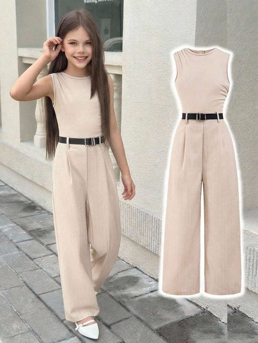SHEIN 少女深V领酒红色连体裤,通勤及日常穿着的时尚女童连体裤 - 杏色 - 查看 1
