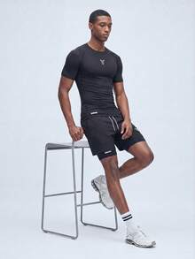 Nelvento Soul 2pcs Men's Short Sleeve Top And Drawstring Shorts Two Pieces Sport Suit, Fitness Outdoor Casual Workout Set Gym Compression Sports Black - Black - View 6