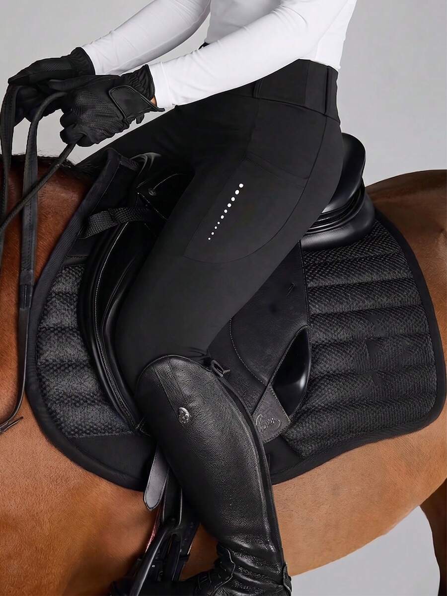 With My Calm With My Calm Women's Autumn/Winter Sports Equestrian Pants, Black Tight Regular Waist With Ear Loops, Side Pockets, Reflective Dots, Optimized Pattern, 9/10 Length, Suitable For Daily Casual, Running, Yoga, Gym, Tennis, Golf, Cycling, Horse Riding - Black - View 1