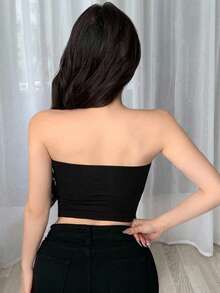 DAZY Top bandeau plisado con acolchado incorporado, para hacer ejercicio - Negro - Ver 2