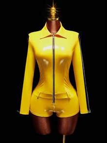 Amplova Women's Halloween Cosplay Black & Yellow Contrast Color Tight Romper Unitard Sexy Casual - Yellow - View 6