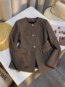 Trelyra Round Neck Solid Color Metal Button Decor Hem Patchwork Commuter Blazer - Multicolor - View 4