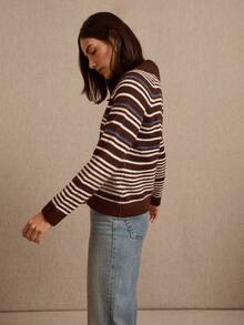 lacRébo Blue And Chocolate Brown Stripe Cardigan With Collar, Shell Buttons Details - Multicolor - View 5