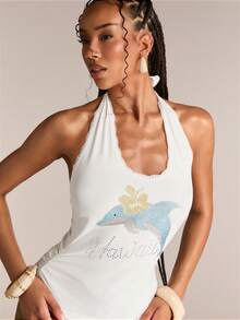 ACID BLVD Tank Top Wanita Kasual Santai dengan Motif Lumba-lumba Lucu dan Hiasan Berlian Imitasi, Cocok untuk Liburan di Pulau & Pemakaian Sehari-hari - Putih - View 1