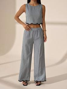 SHEIN PETITE 女款黑白格紋夏季兩件套，圓領背心上衣搭配鬆緊腰長褲，優雅度假茶會休閒穿搭，適合嬌小女性 - 黑與白 - 查看 5