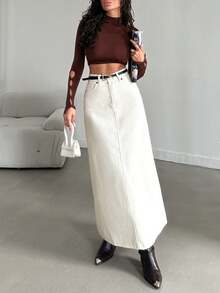 SHEIN Tall High Waist Regular Fit Button Front Casual Style Plain Off-White Color Rinse Wash Denim Skirt Weekend Everyday Autumn - Beige - View 5