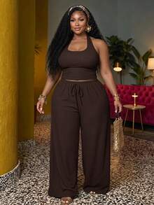 Veslaya Plus Size Women Solid Color Halter Neck Tank Top And Waist Tie Wide Leg Pants Casual 2 Pieces Set - Rust Brown - View 7