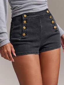 SHEIN BAE Women's Button Design Casual Versatile Denim Shorts - Black - View 5