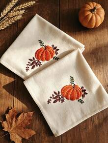 Cirelle 1/2/4 Pcs Embroidered Pumpkin Cloth Napkins, Off-White Fall Harvest Dinner Napkins With Orange Pumpkin Embroidery, Washable Reusable Cloth Napkins For Dining Table Decor - Multicolor - View 6