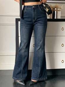 Dazy Plus Plus Size Washed Blue Distressed Button Pocket Flare Jeans Fall - Dark Wash - View 6