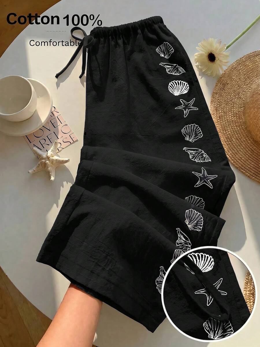 Comfortcana 女款秋季抽繩腰星魚貝殼印花休閒百搭寬腿長褲 海灘風黑色 - 黑色 - 查看 1