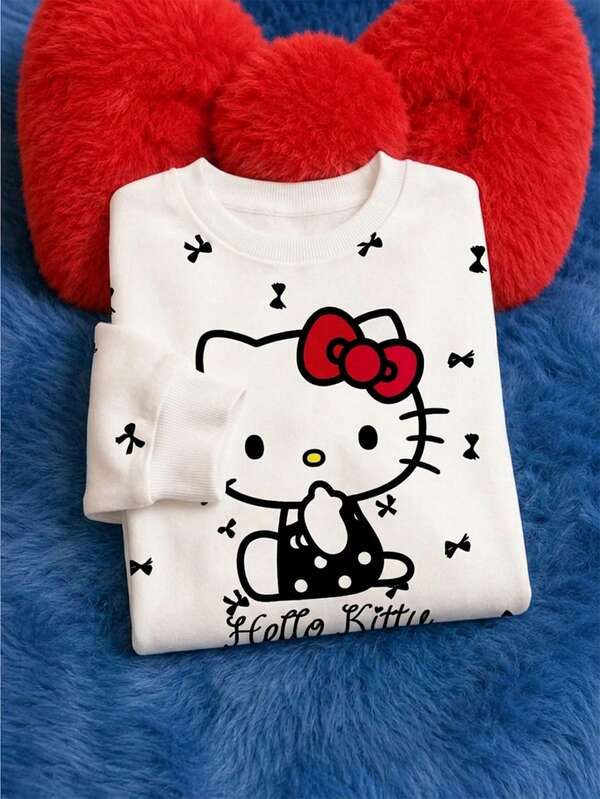 HELLO KITTY AND FRIENDS | SHEIN 1pc Young Girl Casual Cute Cartoon Bow Print Round Neck Fleece Sweatshirt, Suitable For Autumn/Winter