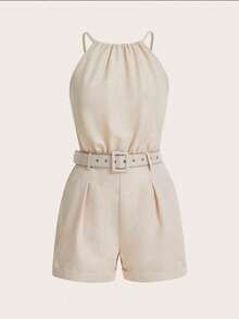 EMERY ROSE Mono casual de mujer de unicolor con bolsillo, cuello halter y pliegues - Albaricoque - Ver 4
