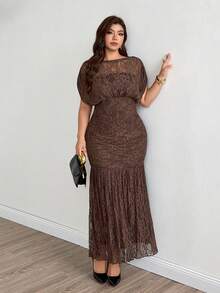 Modelyn Elegant Solid Color Lace Waist-Cinching Slim Fit Regular Spring/Summer Plus Size Dress - Coffee Brown - View 8