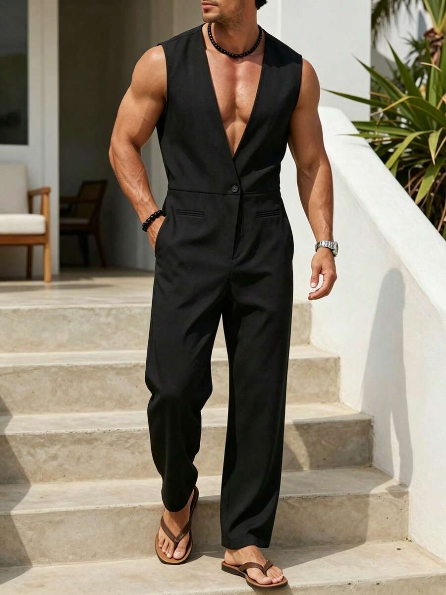 VENTUSAIL Men's Fashion Commute Solid Color Sleeveless Jumpsuit - Black - View 1