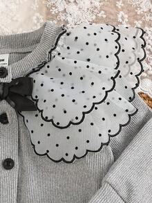 SHEIN 2件組女嬰外套＋長褲套裝，甜美灰黑波點彼得潘領結飾蕾絲長袖圓領針織開襟衫，秋季派對服飾，羅紋設計 - 灰色 - 查看 6