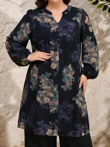 Al Najma Plus Size Women's Floral Print Notch V-Neck Long Shirt And Wide Leg Pants Arabian Set - Multicolor - View 7