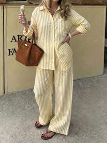 Vaclyn Women's Striped Single-Breasted Long Sleeve Top And Wide Leg Pants Casual Daily Set - Yellow - View 6