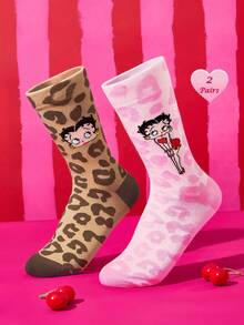 Betty Boop x SHEIN Miss Betty 女款中筒襪 2雙裝 - 混色 - 查看 6