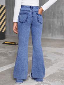 女童高腰复古水洗蓝色喇叭牛仔裤，儿童弹力修身磨边设计牛仔喇叭裤，适合休闲外出和户外穿着 - 中等水洗藍 - 查看 2